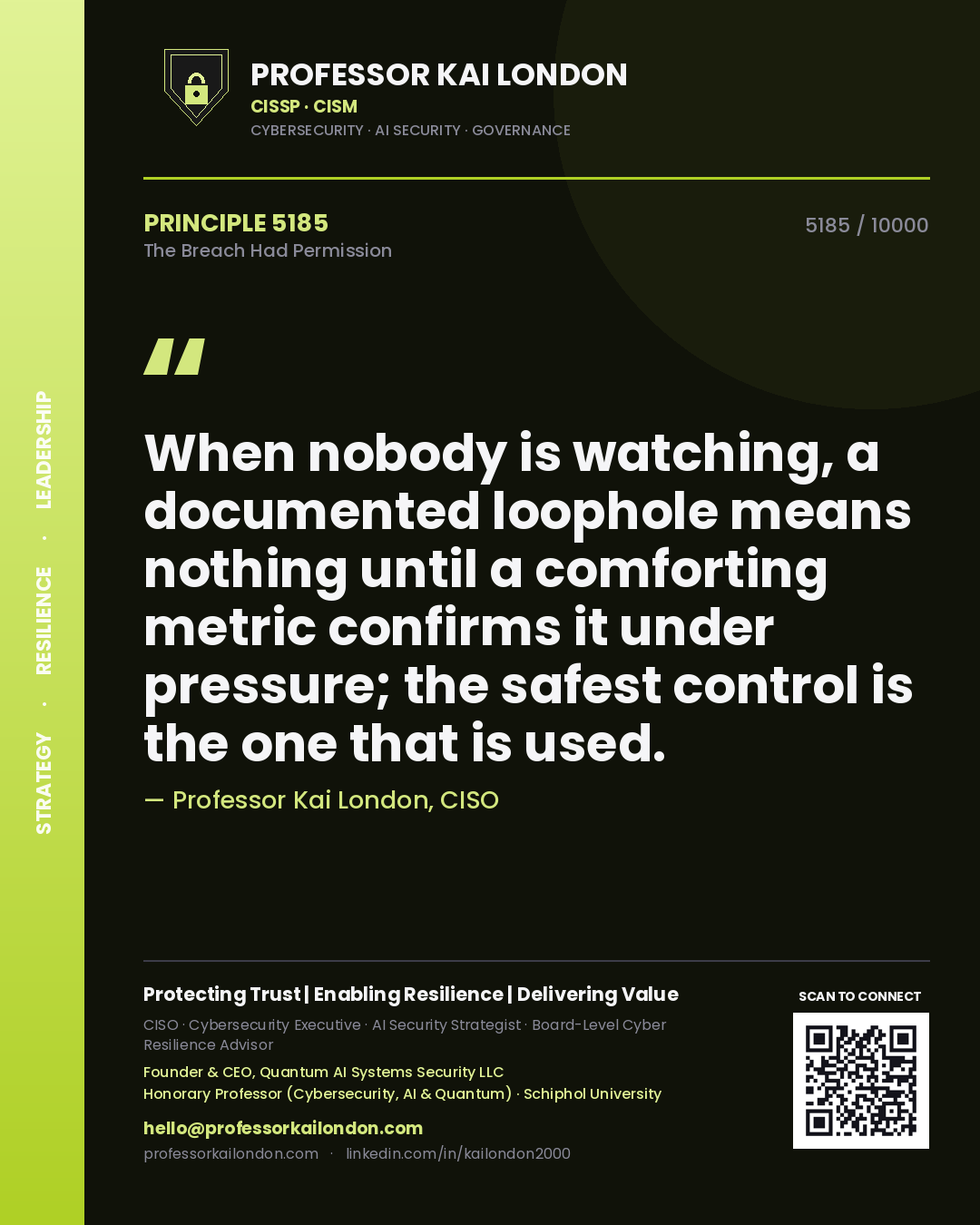 Quote card by Professor Kai London reading 'When nobody is watching, a documented loophole means nothing until a comforting metric confirms it under pressure; the safest control is the one that is used.'. From the book The Breach Had Permission.