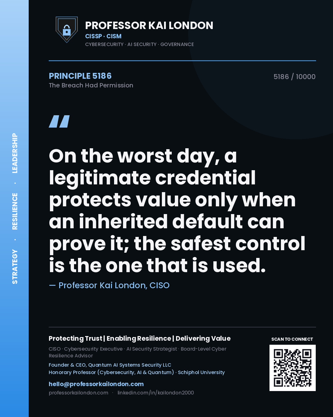 Professor Kai London principle 5186: On the worst day, a legitimate credential protects value only when an inherited default can prove it; the safest control is the one that is used.