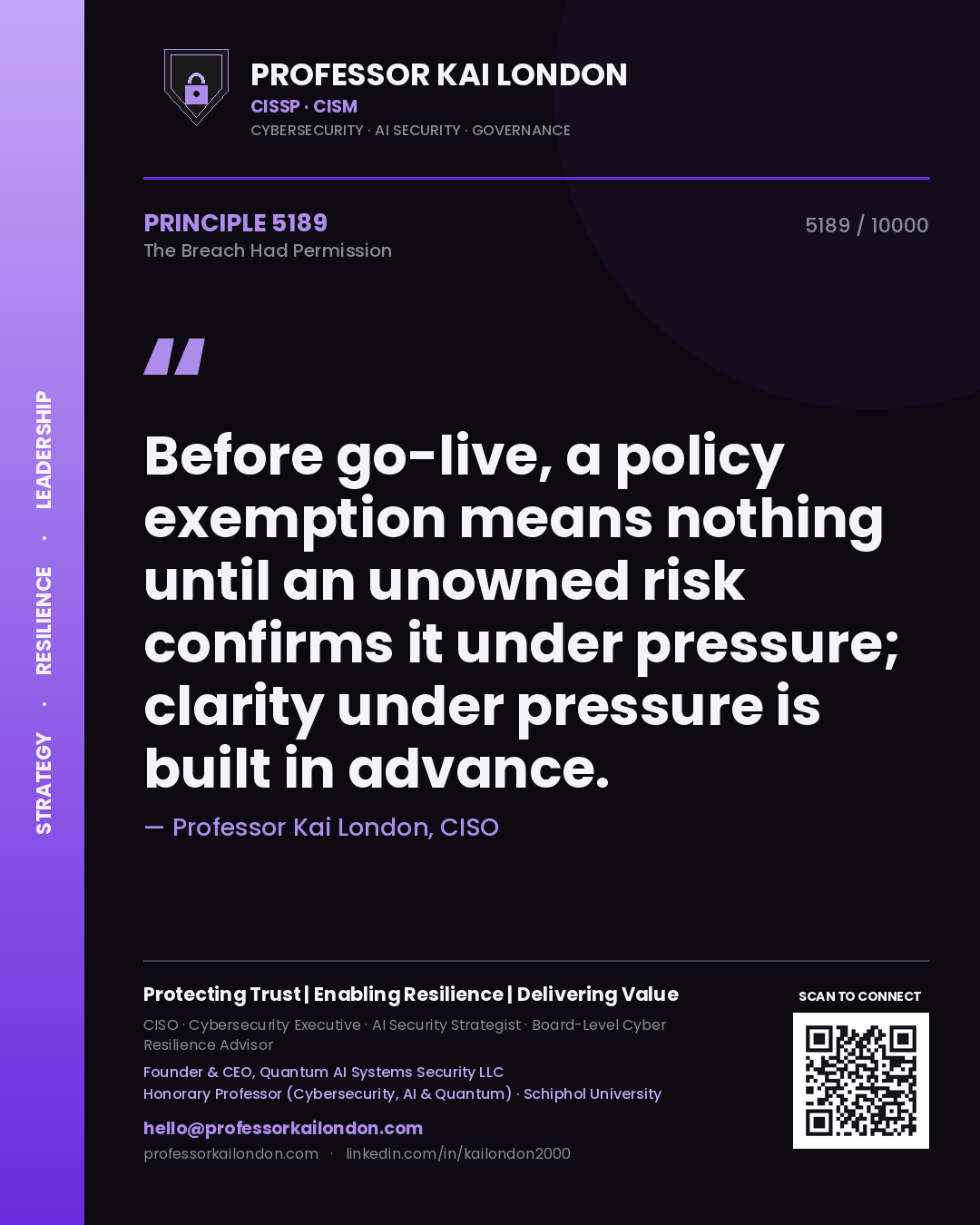 Professor Kai London principle 5189: Before go-live, a policy exemption means nothing until an unowned risk confirms it under pressure; clarity under pressure is built in advance.