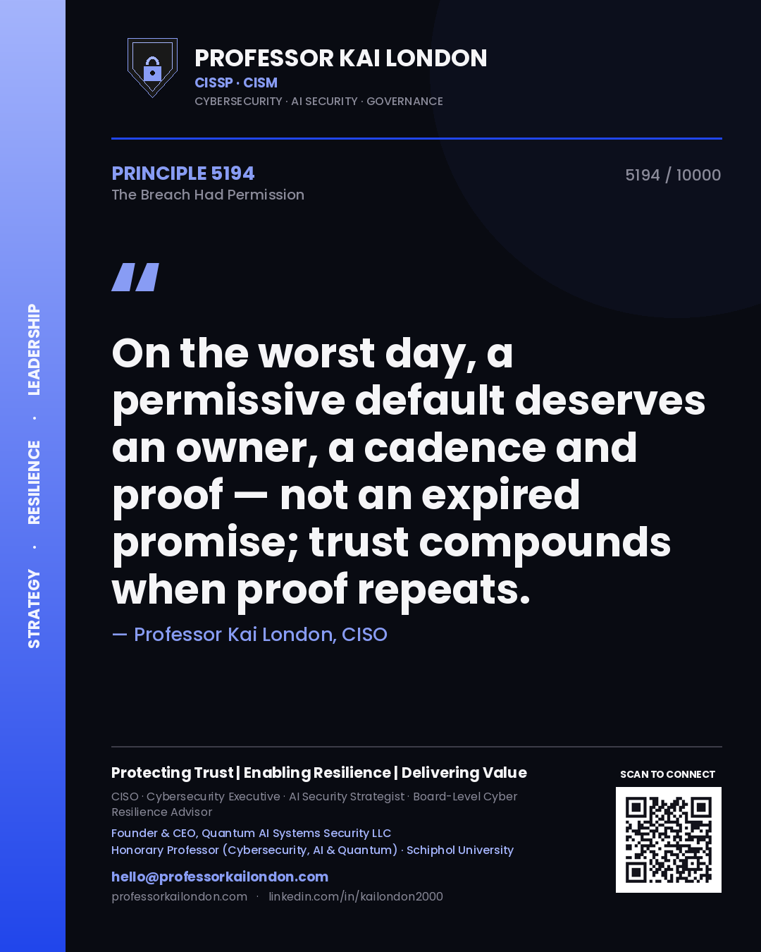 Professor Kai London principle 5194: On the worst day, a permissive default deserves an owner, a cadence and proof — not an expired promise; trust compounds when proof repeats.