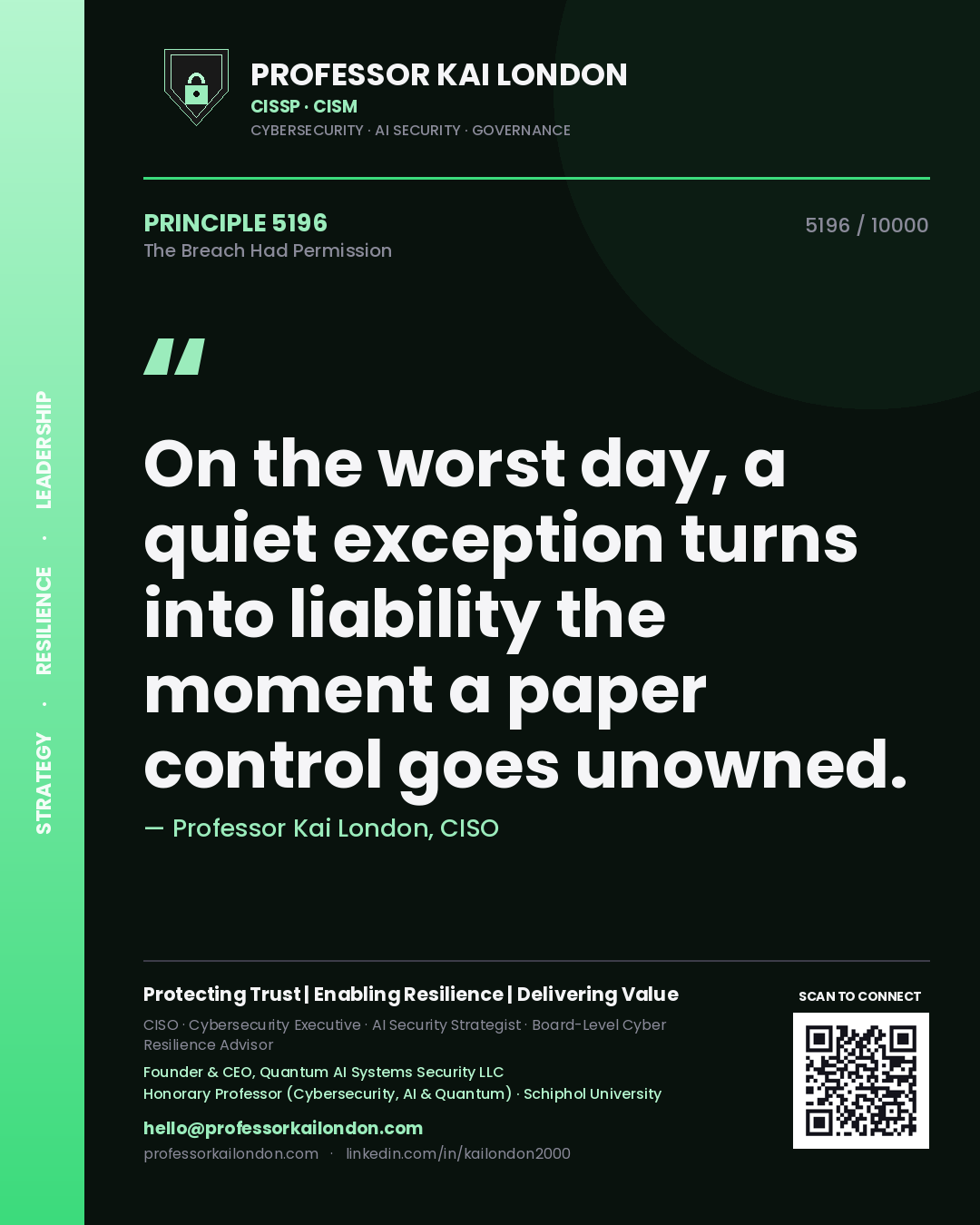 Professor Kai London principle 5196: On the worst day, a quiet exception turns into liability the moment a paper control goes unowned.