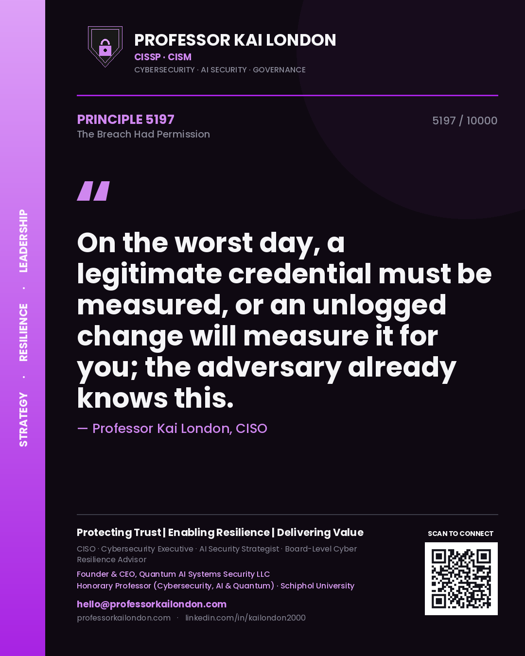 Professor Kai London principle 5197: On the worst day, a legitimate credential must be measured, or an unlogged change will measure it for you; the adversary already knows this.