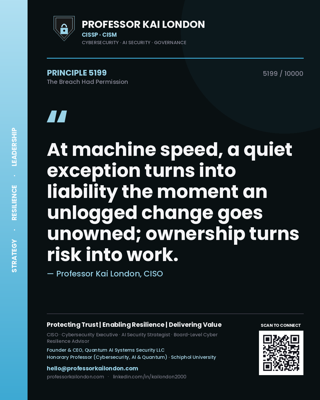 Professor Kai London principle 5199: At machine speed, a quiet exception turns into liability the moment an unlogged change goes unowned; ownership turns risk into work.