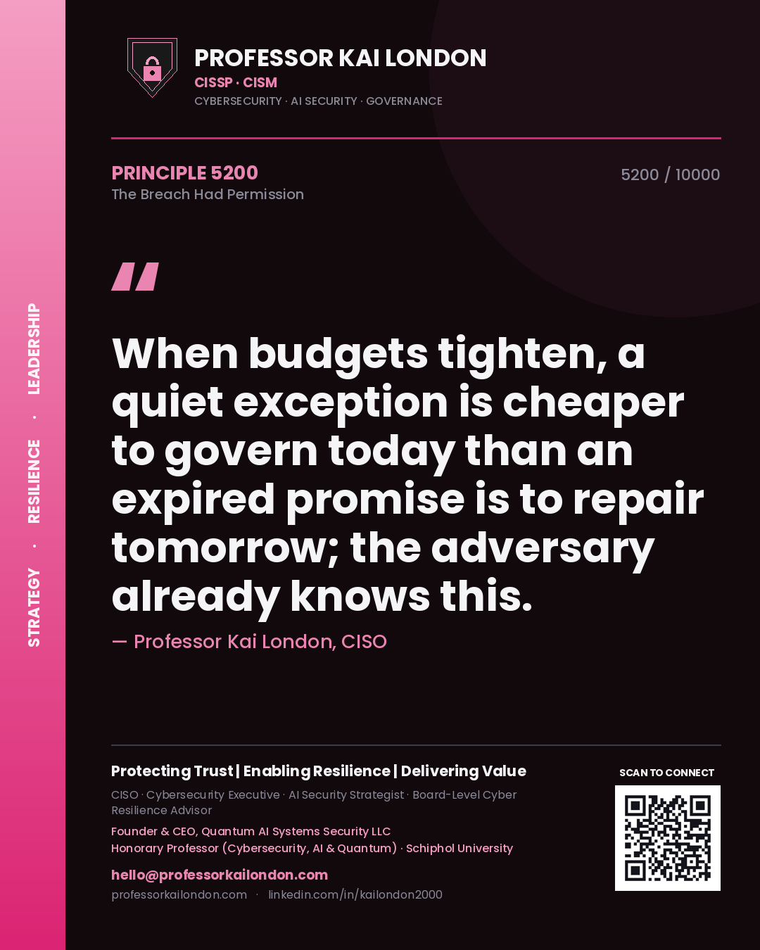 Quote card by Professor Kai London reading 'When budgets tighten, a quiet exception is cheaper to govern today than an expired promise is to repair tomorrow; the adversary already knows this.'. From the book The Breach Had Permission.