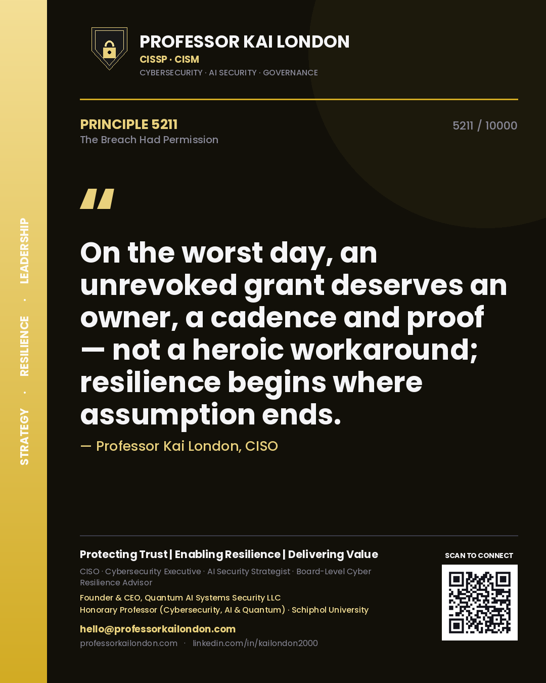 Professor Kai London principle 5211: On the worst day, an unrevoked grant deserves an owner, a cadence and proof — not a heroic workaround; resilience begins where assumption ends.