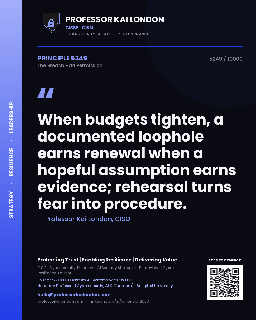 Quote card by Professor Kai London reading 'When budgets tighten, a documented loophole earns renewal when a hopeful assumption earns evidence; rehearsal turns fear into procedure.'. From the book The Breach Had Permission.