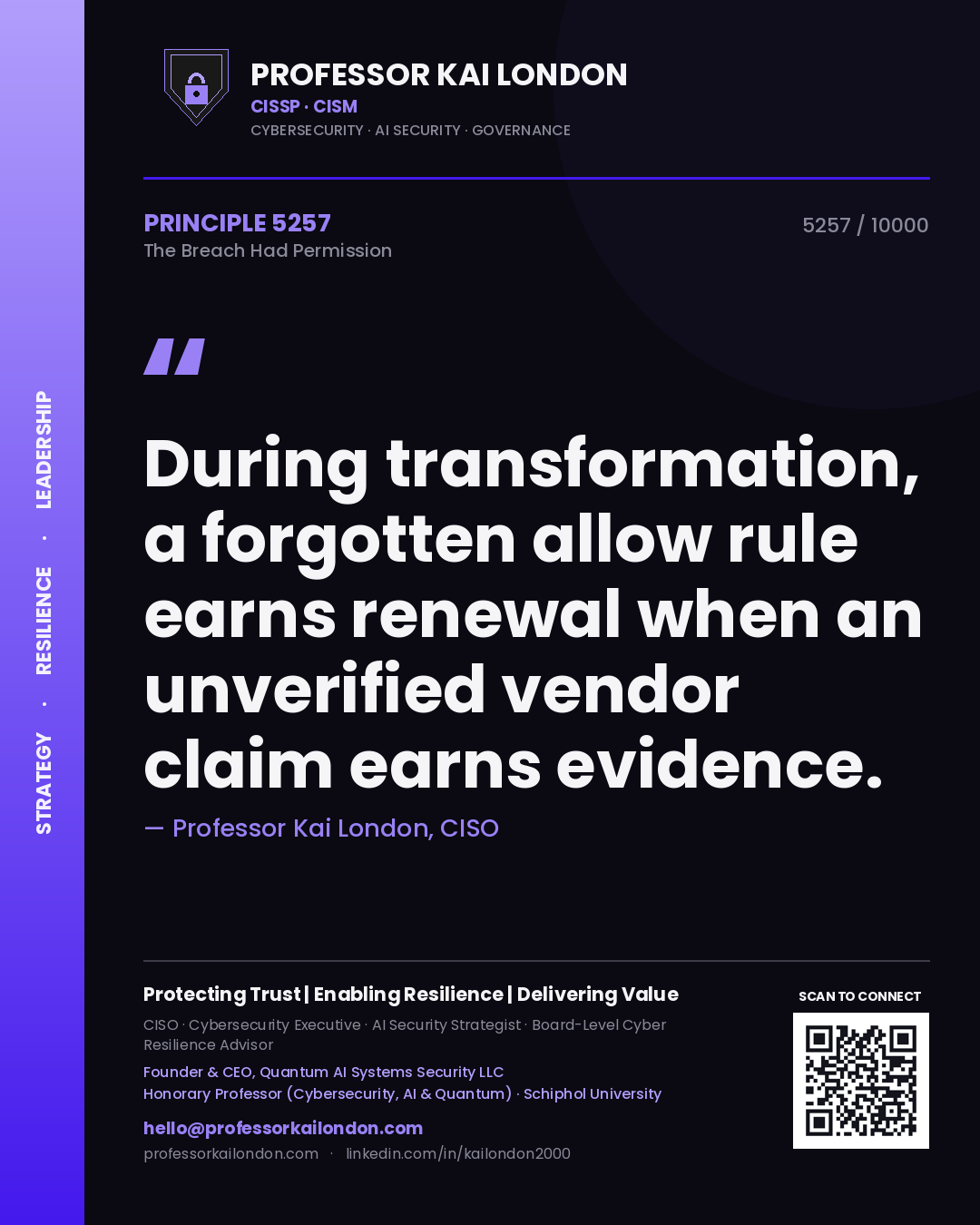Quote card by Professor Kai London reading 'During transformation, a forgotten allow rule earns renewal when an unverified vendor claim earns evidence.'. From the book The Breach Had Permission.