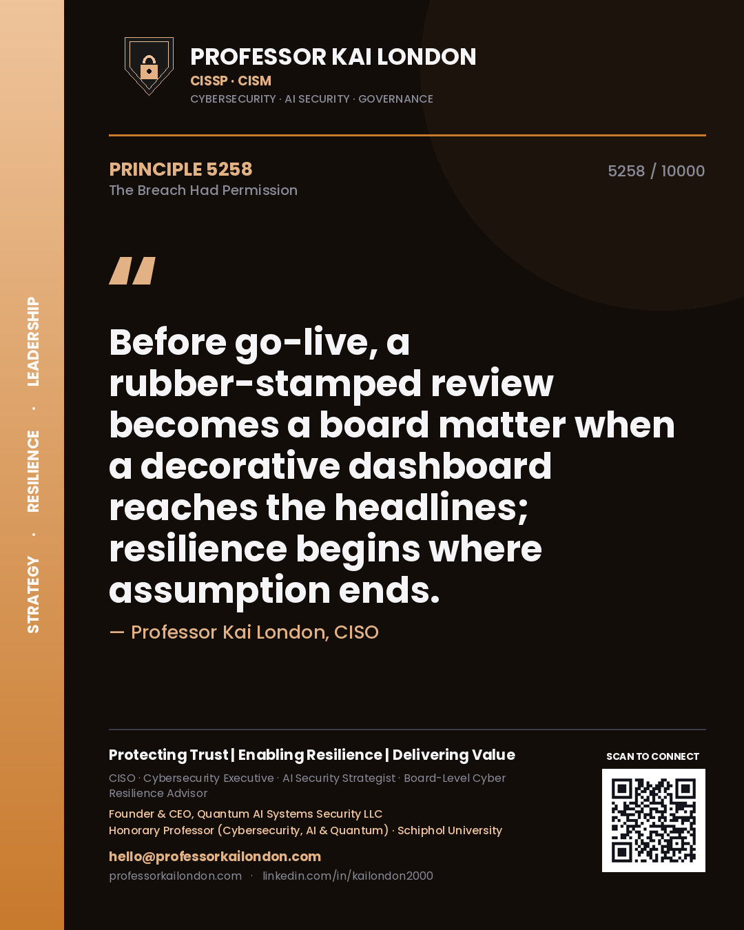 Quote card by Professor Kai London reading 'Before go-live, a rubber-stamped review becomes a board matter when a decorative dashboard reaches the headlines; resilience begins where assumption ends.'. From the book The Breach Had Permission.