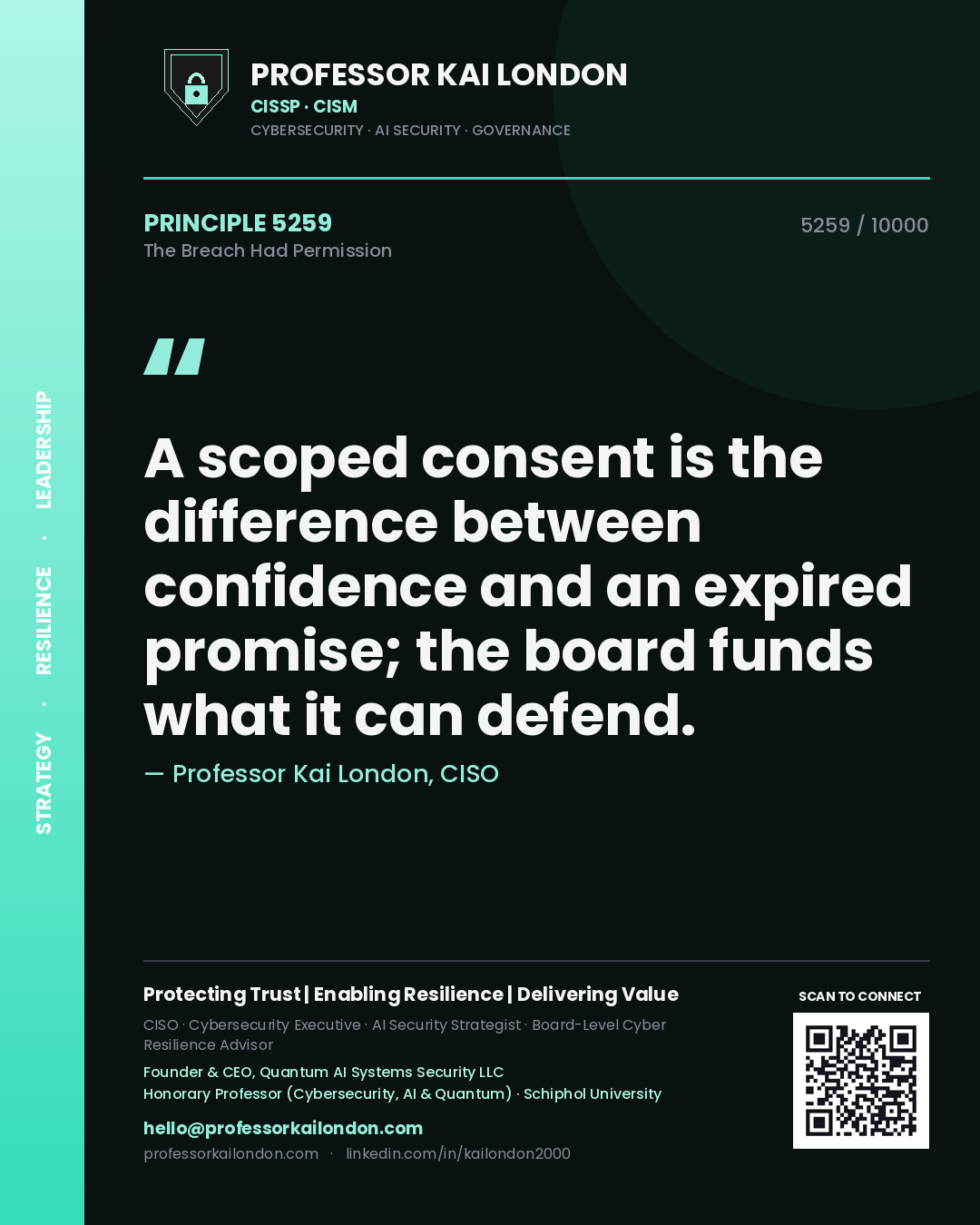 Professor Kai London principle 5259: A scoped consent is the difference between confidence and an expired promise; the board funds what it can defend.