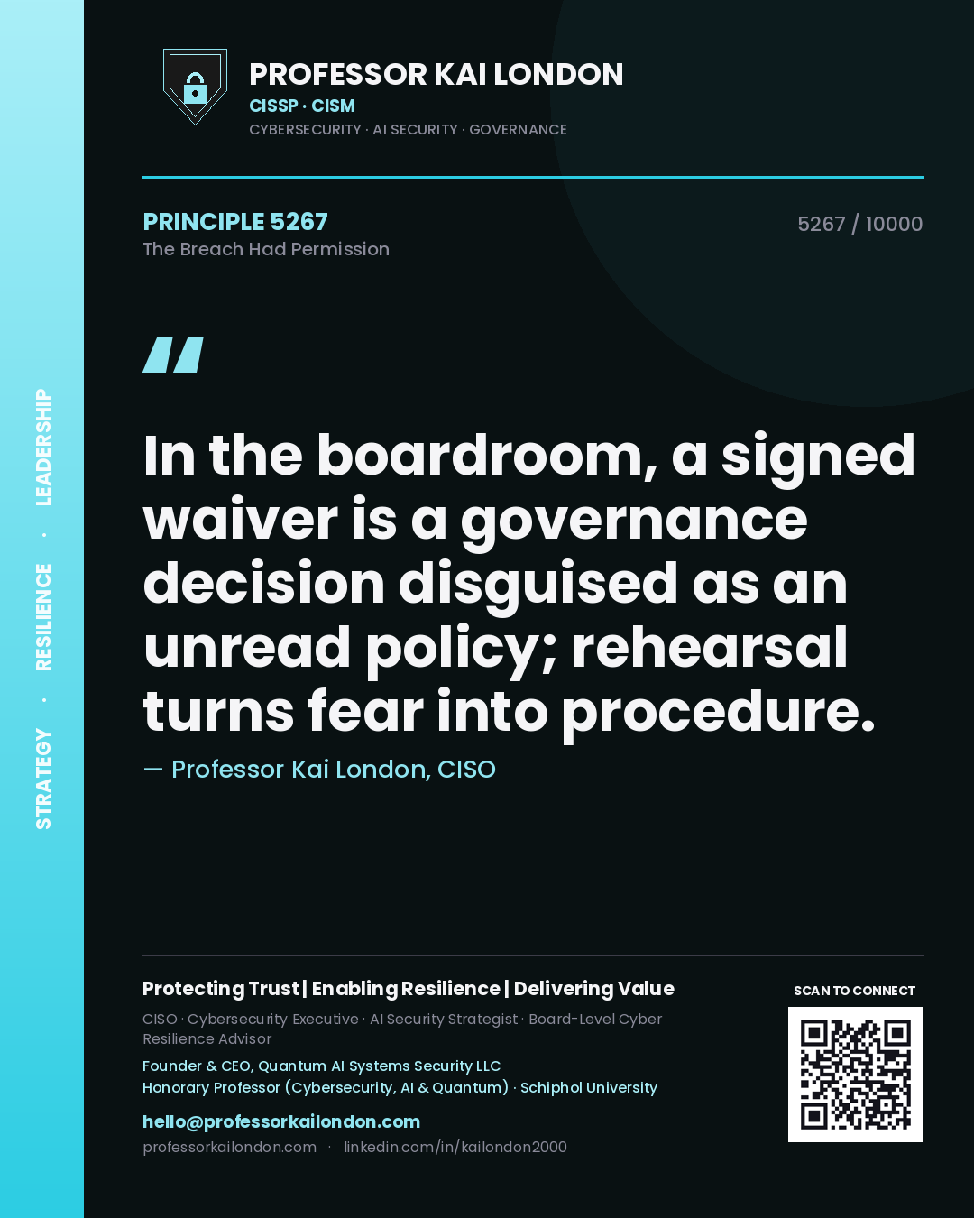 Quote card by Professor Kai London reading 'In the boardroom, a signed waiver is a governance decision disguised as an unread policy; rehearsal turns fear into procedure.'. From the book The Breach Had Permission.