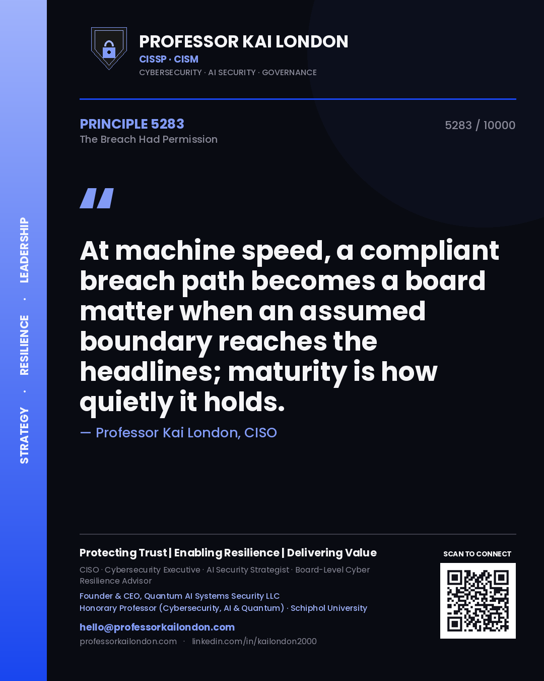 Professor Kai London principle 5283: At machine speed, a compliant breach path becomes a board matter when an assumed boundary reaches the headlines; maturity is how quietly it holds.