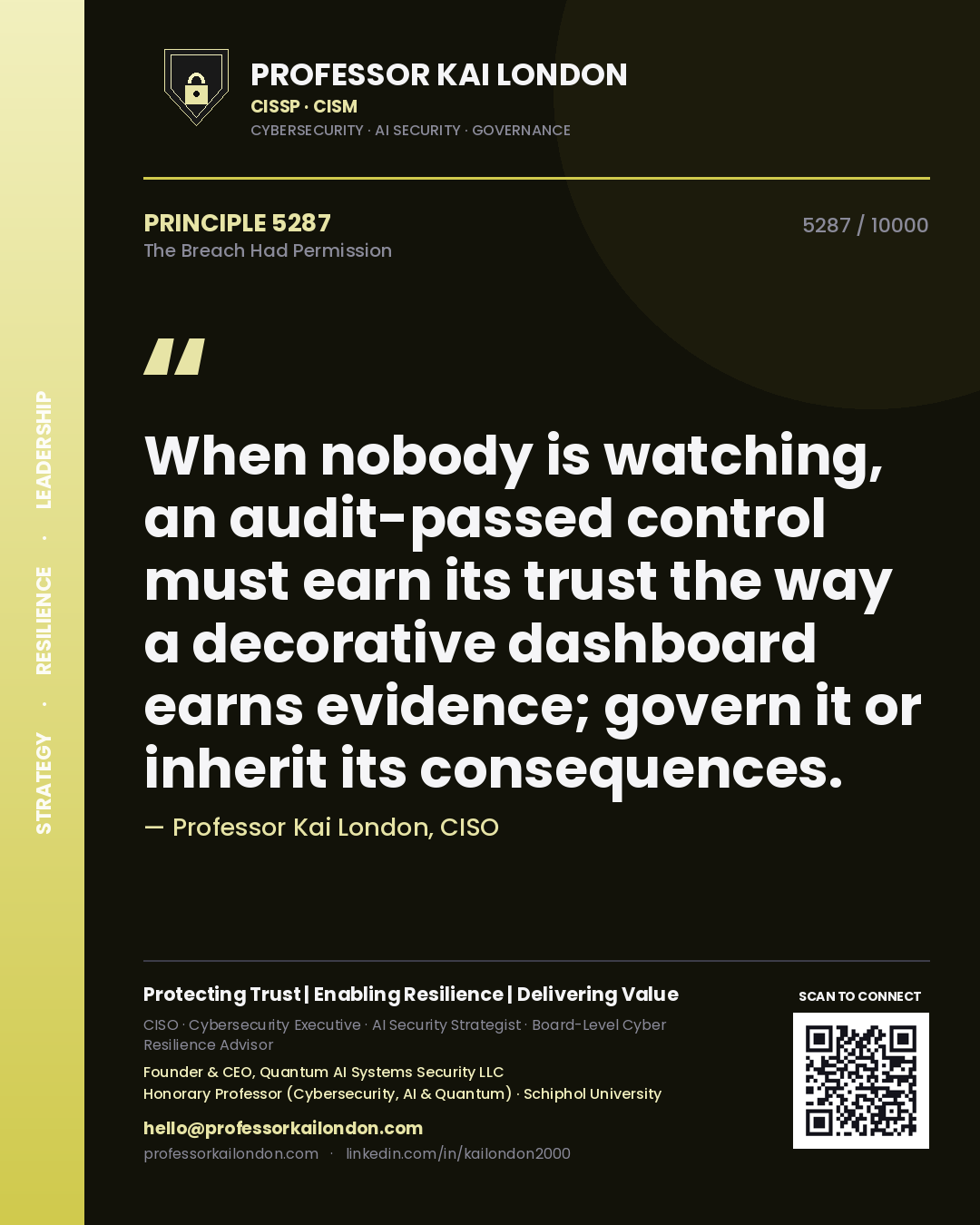 Quote card by Professor Kai London reading 'When nobody is watching, an audit-passed control must earn its trust the way a decorative dashboard earns evidence; govern it or inherit its consequences.'. From the book The Breach Had Permission.