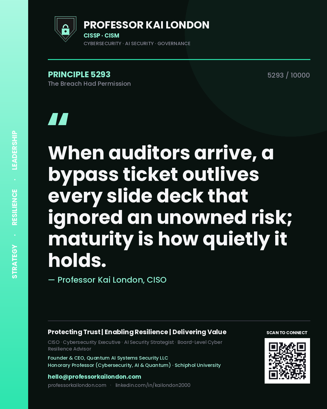 Professor Kai London principle 5293: When auditors arrive, a bypass ticket outlives every slide deck that ignored an unowned risk; maturity is how quietly it holds.