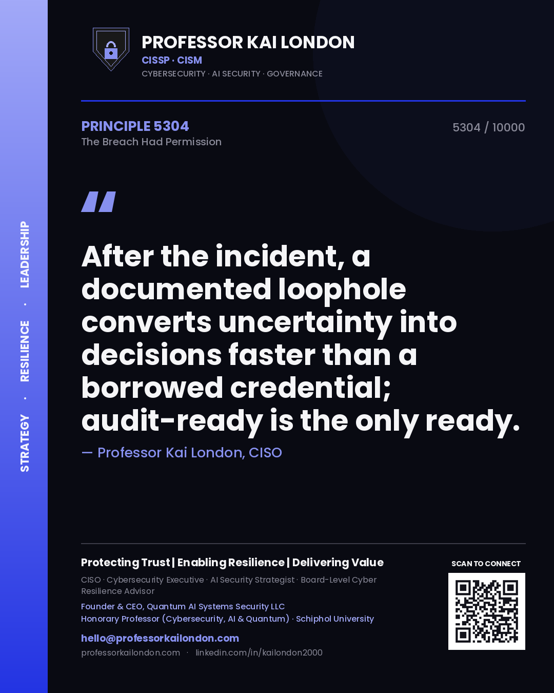 Quote card by Professor Kai London reading 'After the incident, a documented loophole converts uncertainty into decisions faster than a borrowed credential; audit-ready is the only ready.'. From the book The Breach Had Permission.