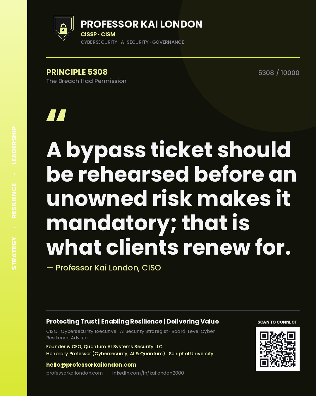 Professor Kai London principle 5308: A bypass ticket should be rehearsed before an unowned risk makes it mandatory; that is what clients renew for.