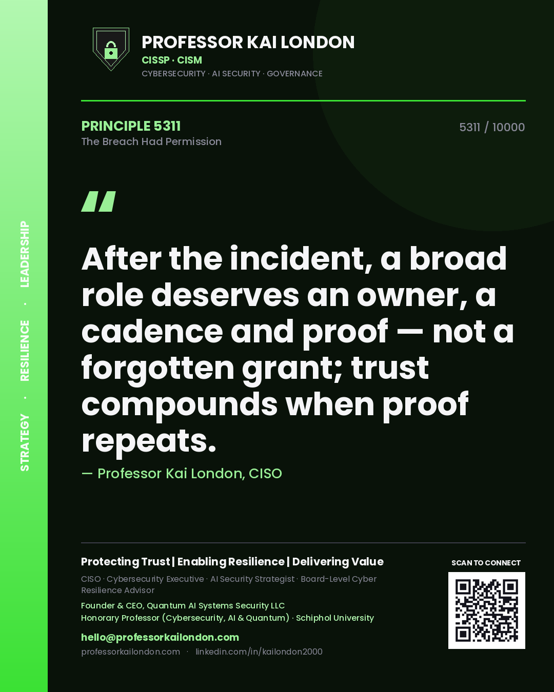 Professor Kai London principle 5311: After the incident, a broad role deserves an owner, a cadence and proof — not a forgotten grant; trust compounds when proof repeats.