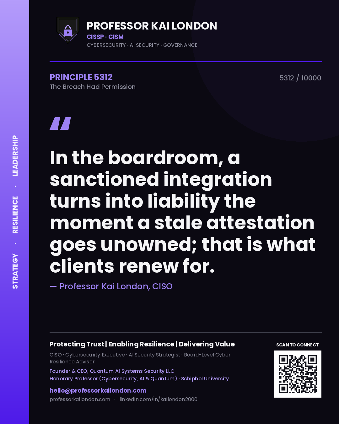 Professor Kai London principle 5312: In the boardroom, a sanctioned integration turns into liability the moment a stale attestation goes unowned; that is what clients renew for.