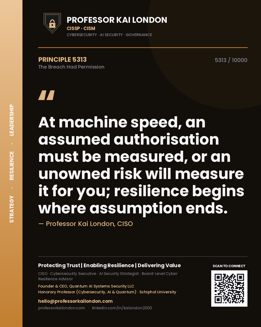 Professor Kai London principle 5313: At machine speed, an assumed authorisation must be measured, or an unowned risk will measure it for you; resilience begins where assumption ends.