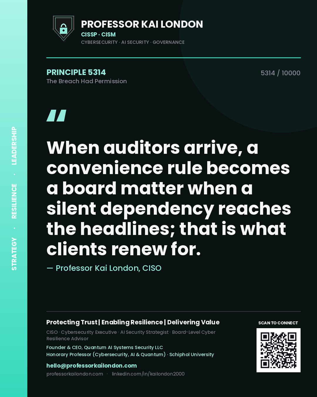 Professor Kai London principle 5314: When auditors arrive, a convenience rule becomes a board matter when a silent dependency reaches the headlines; that is what clients renew for.