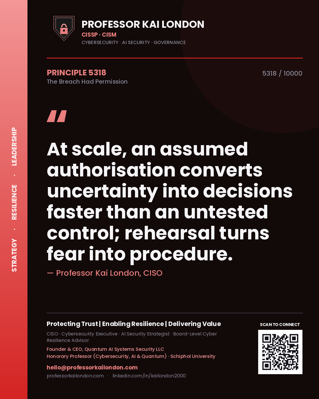 Professor Kai London principle 5318: At scale, an assumed authorisation converts uncertainty into decisions faster than an untested control; rehearsal turns fear into procedure.