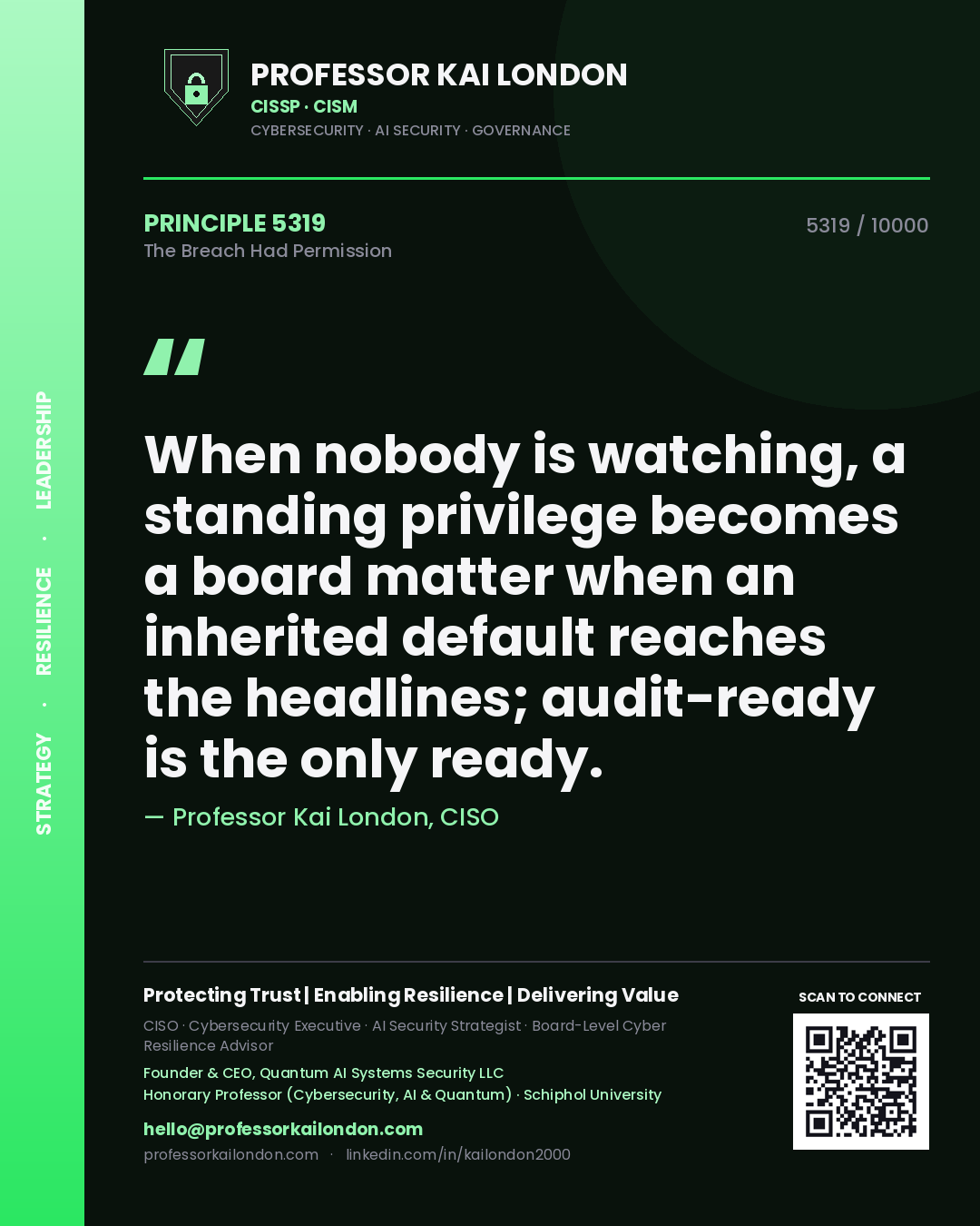 Professor Kai London principle 5319: When nobody is watching, a standing privilege becomes a board matter when an inherited default reaches the headlines; audit-ready is the only ready.