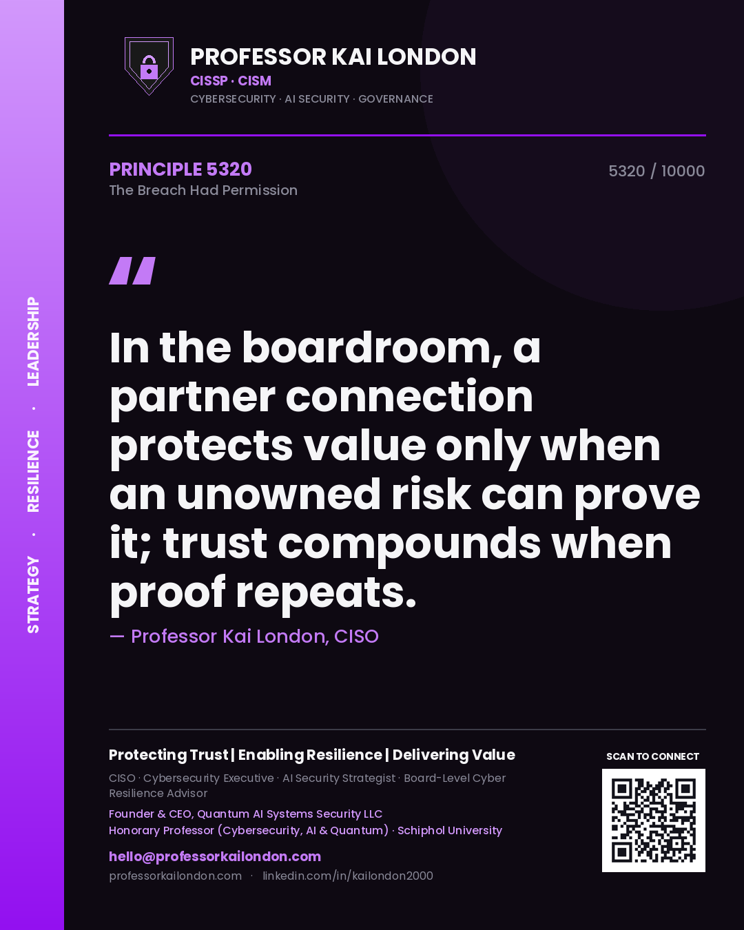 Quote card by Professor Kai London reading 'In the boardroom, a partner connection protects value only when an unowned risk can prove it; trust compounds when proof repeats.'. From the book The Breach Had Permission.