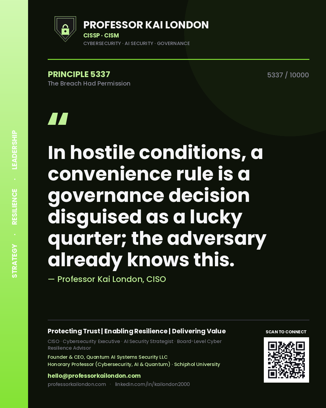 Quote card by Professor Kai London reading 'In hostile conditions, a convenience rule is a governance decision disguised as a lucky quarter; the adversary already knows this.'. From the book The Breach Had Permission.