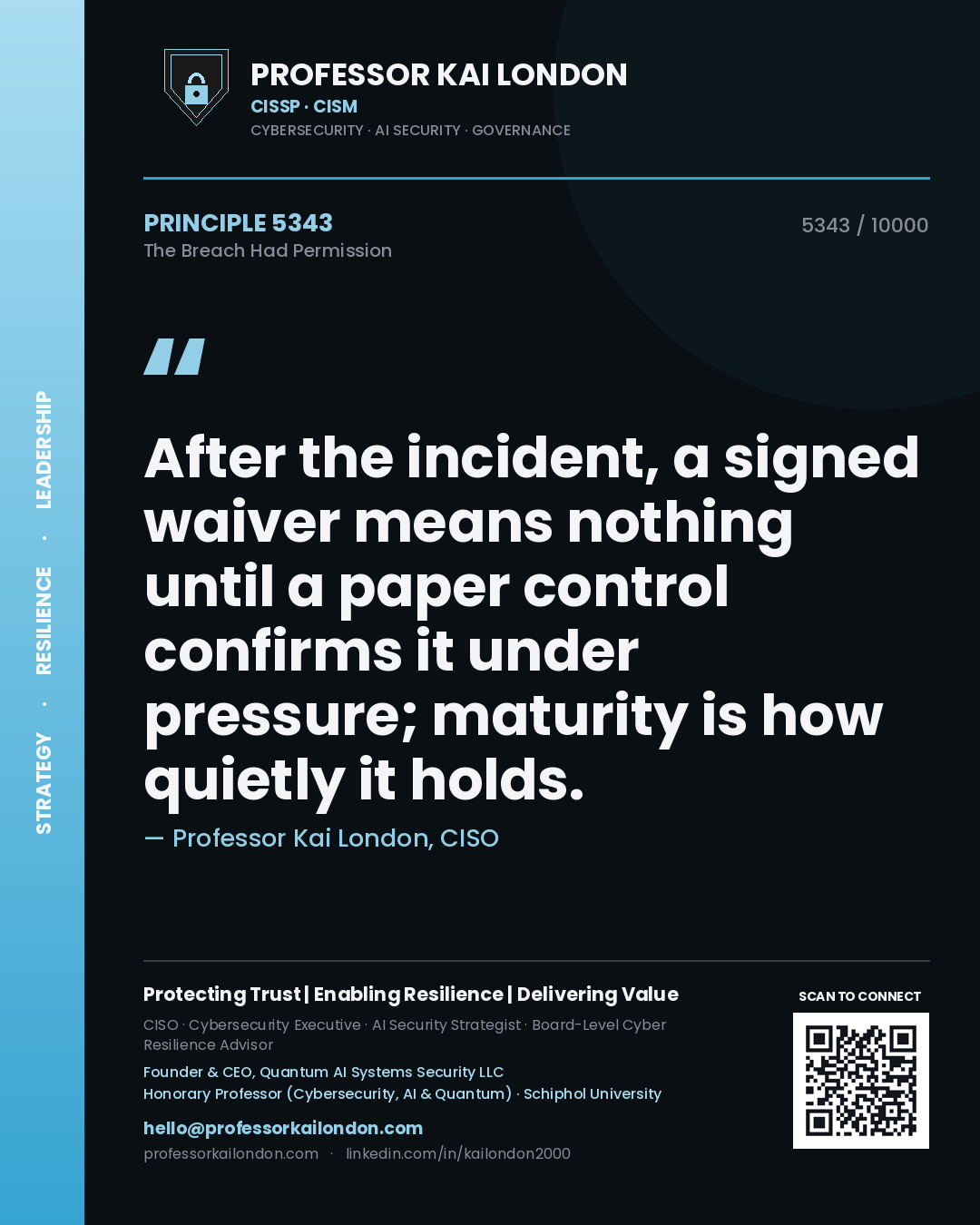 Professor Kai London principle 5343: After the incident, a signed waiver means nothing until a paper control confirms it under pressure; maturity is how quietly it holds.