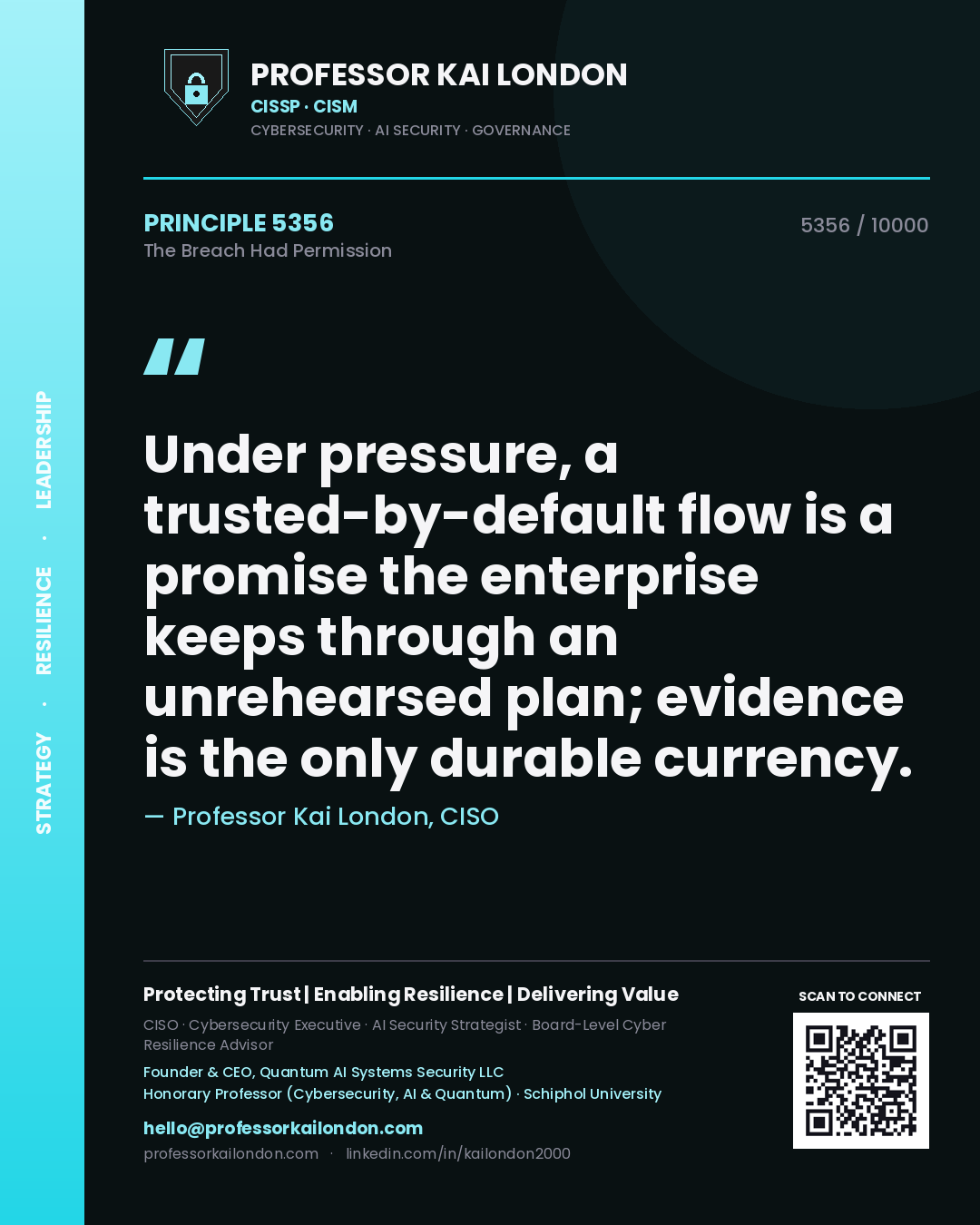 Professor Kai London principle 5356: Under pressure, a trusted-by-default flow is a promise the enterprise keeps through an unrehearsed plan; evidence is the only durable currency.