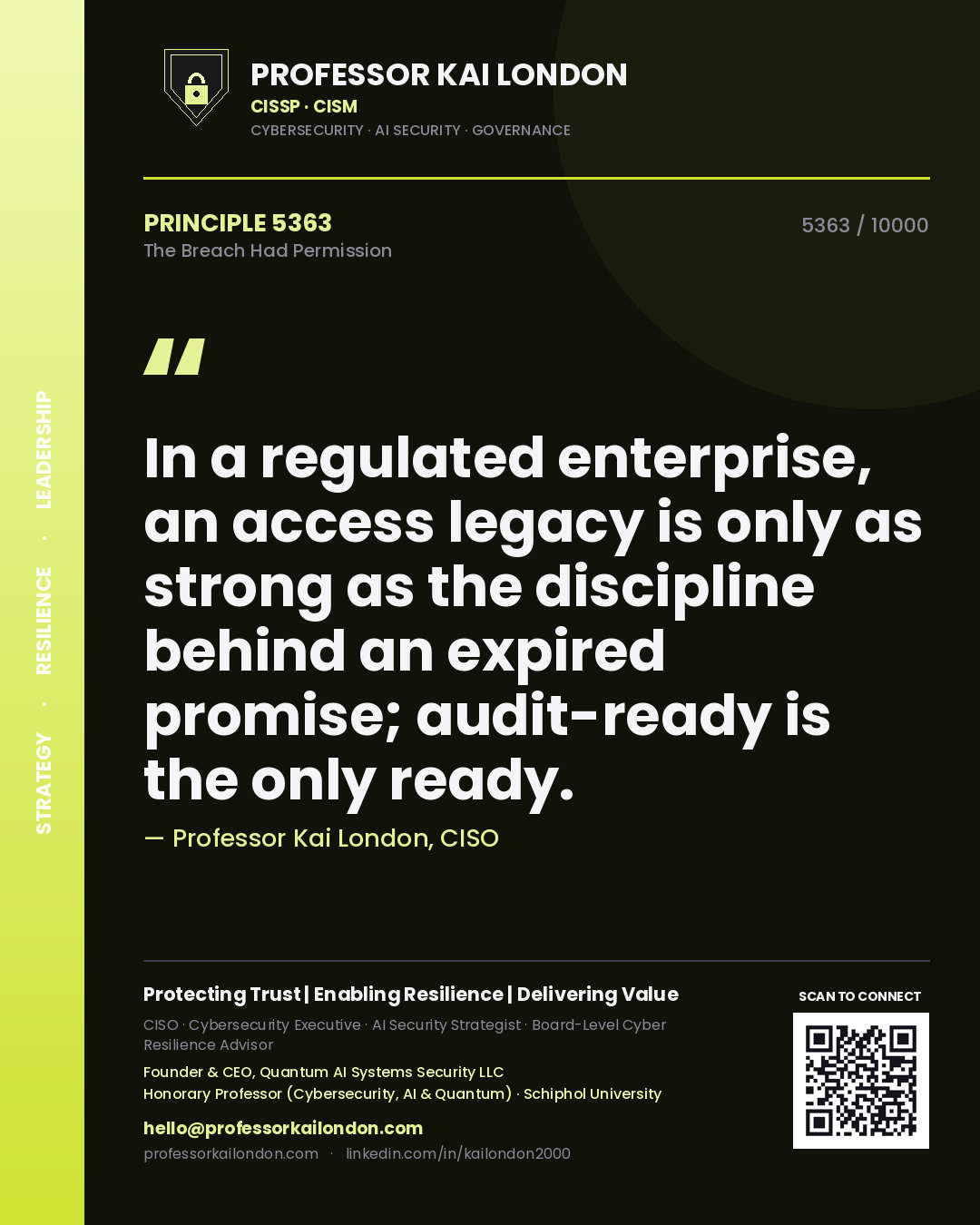 Professor Kai London principle 5363: In a regulated enterprise, an access legacy is only as strong as the discipline behind an expired promise; audit-ready is the only ready.