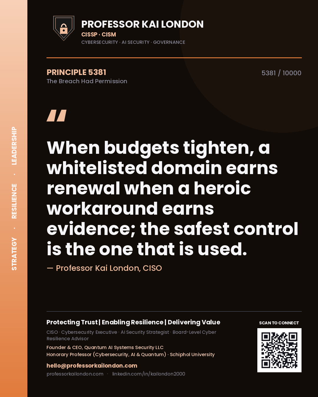 Professor Kai London principle 5381: When budgets tighten, a whitelisted domain earns renewal when a heroic workaround earns evidence; the safest control is the one that is used.