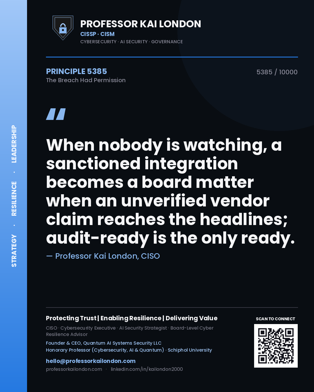 Professor Kai London principle 5385: When nobody is watching, a sanctioned integration becomes a board matter when an unverified vendor claim reaches the headlines; audit-ready is the only ready.