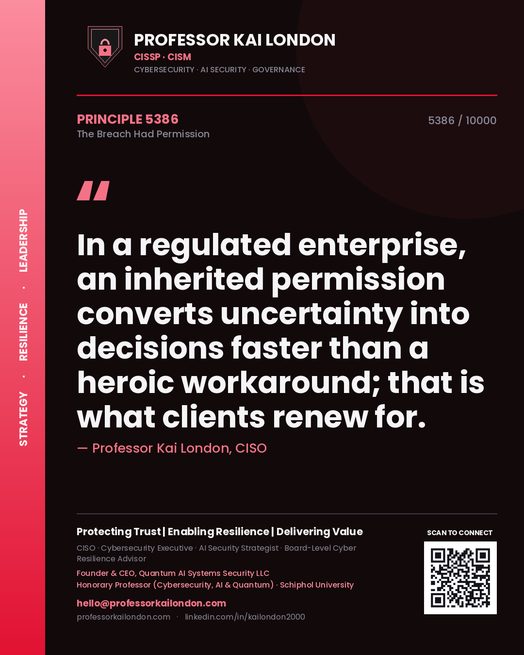 Professor Kai London principle 5386: In a regulated enterprise, an inherited permission converts uncertainty into decisions faster than a heroic workaround; that is what clients renew for.