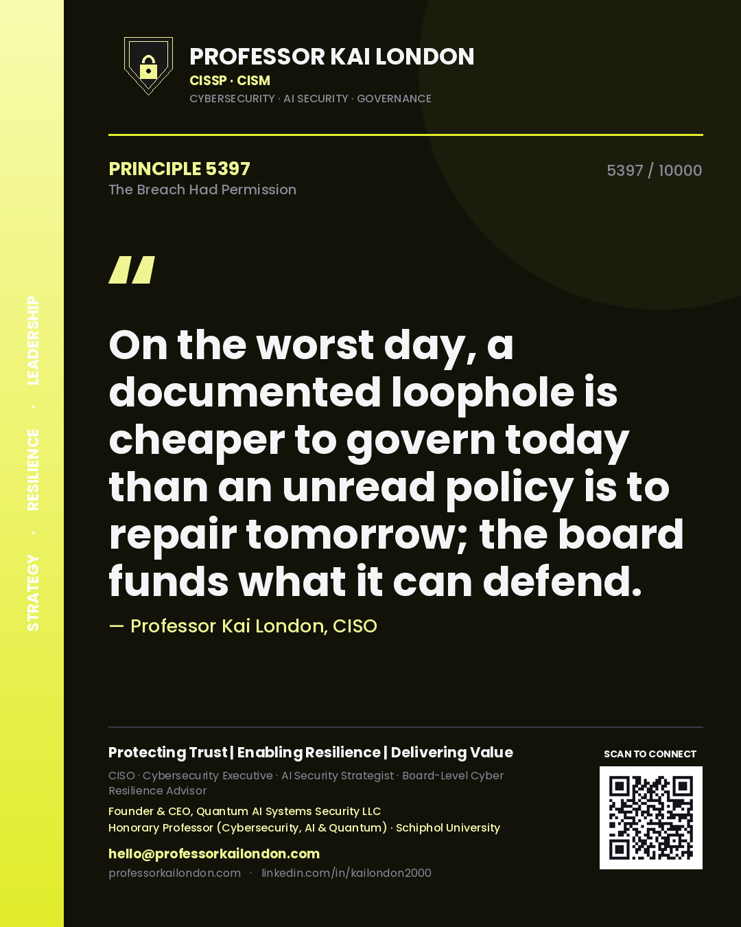 Quote card by Professor Kai London reading 'On the worst day, a documented loophole is cheaper to govern today than an unread policy is to repair tomorrow; the board funds what it can defend.'. From the book The Breach Had Permission.