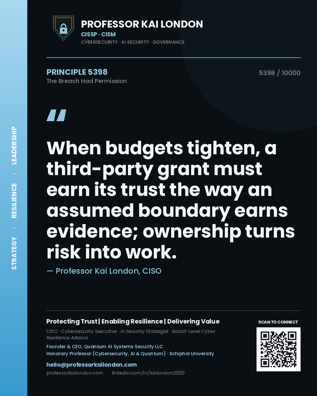 Professor Kai London principle 5398: When budgets tighten, a third-party grant must earn its trust the way an assumed boundary earns evidence; ownership turns risk into work.