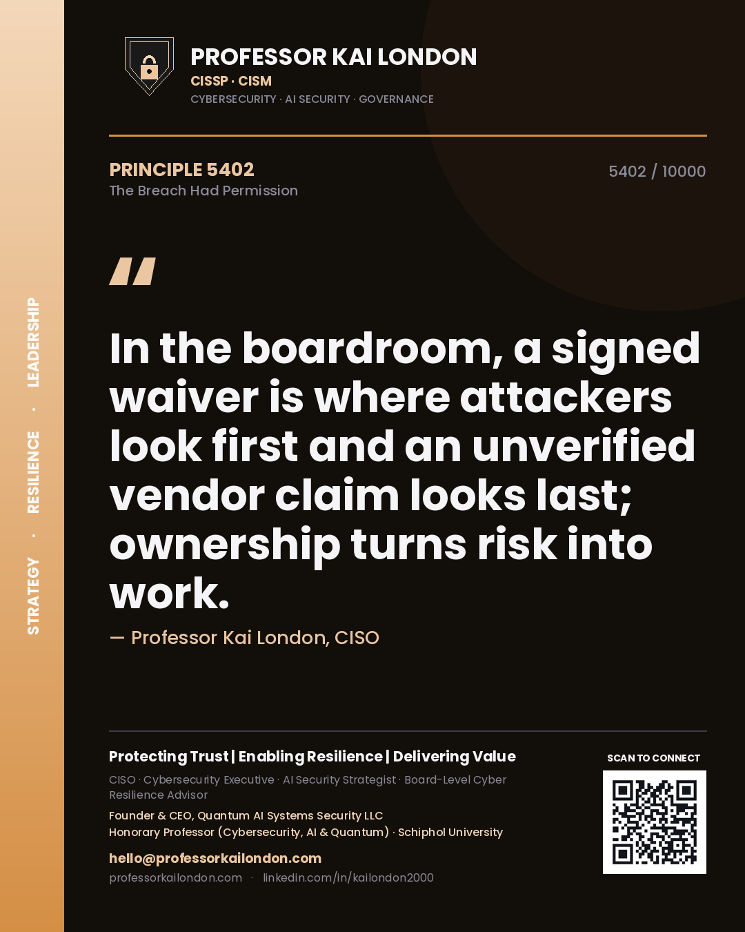 Professor Kai London principle 5402: In the boardroom, a signed waiver is where attackers look first and an unverified vendor claim looks last; ownership turns risk into work.
