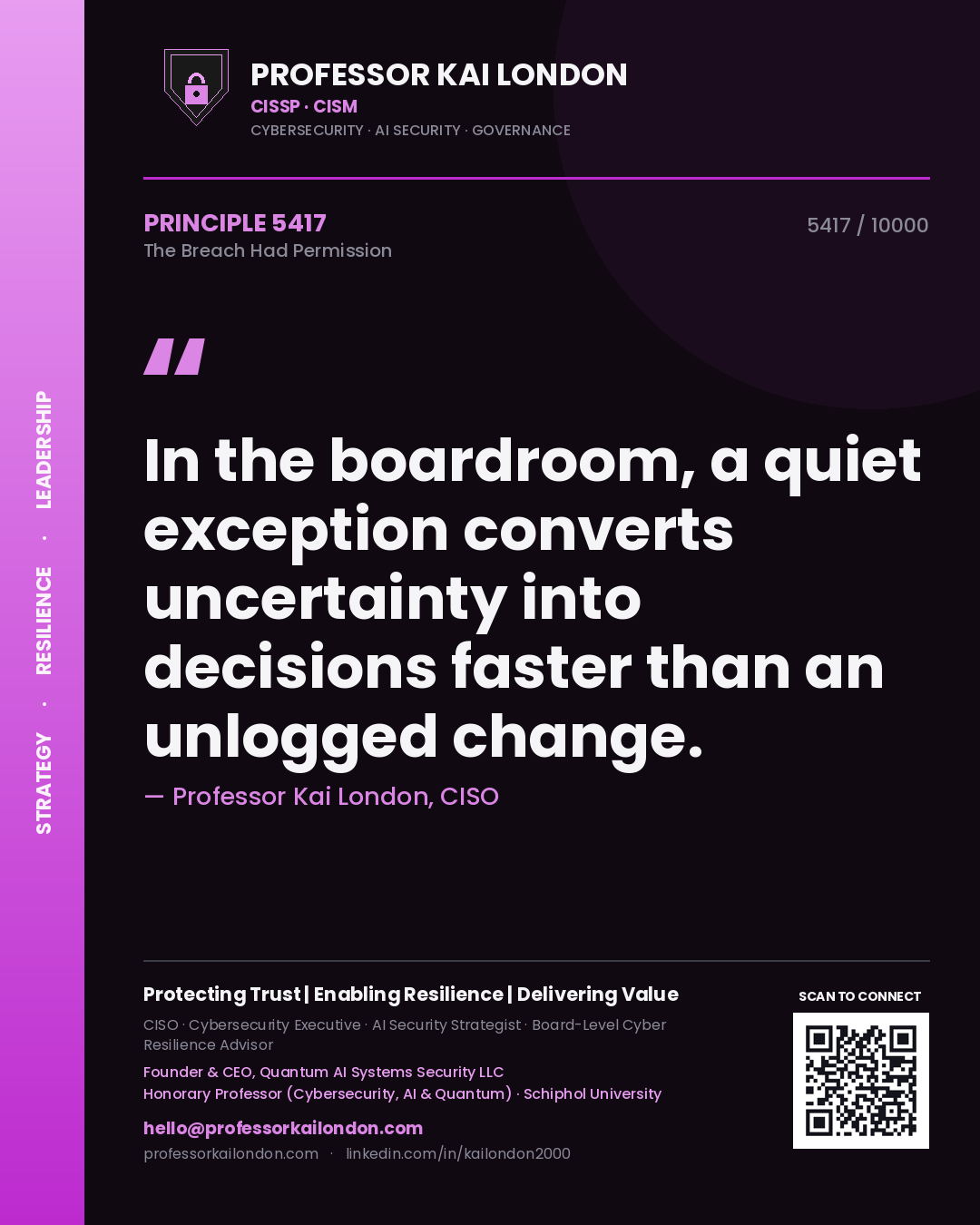 Quote card by Professor Kai London reading 'In the boardroom, a quiet exception converts uncertainty into decisions faster than an unlogged change.'. From the book The Breach Had Permission.