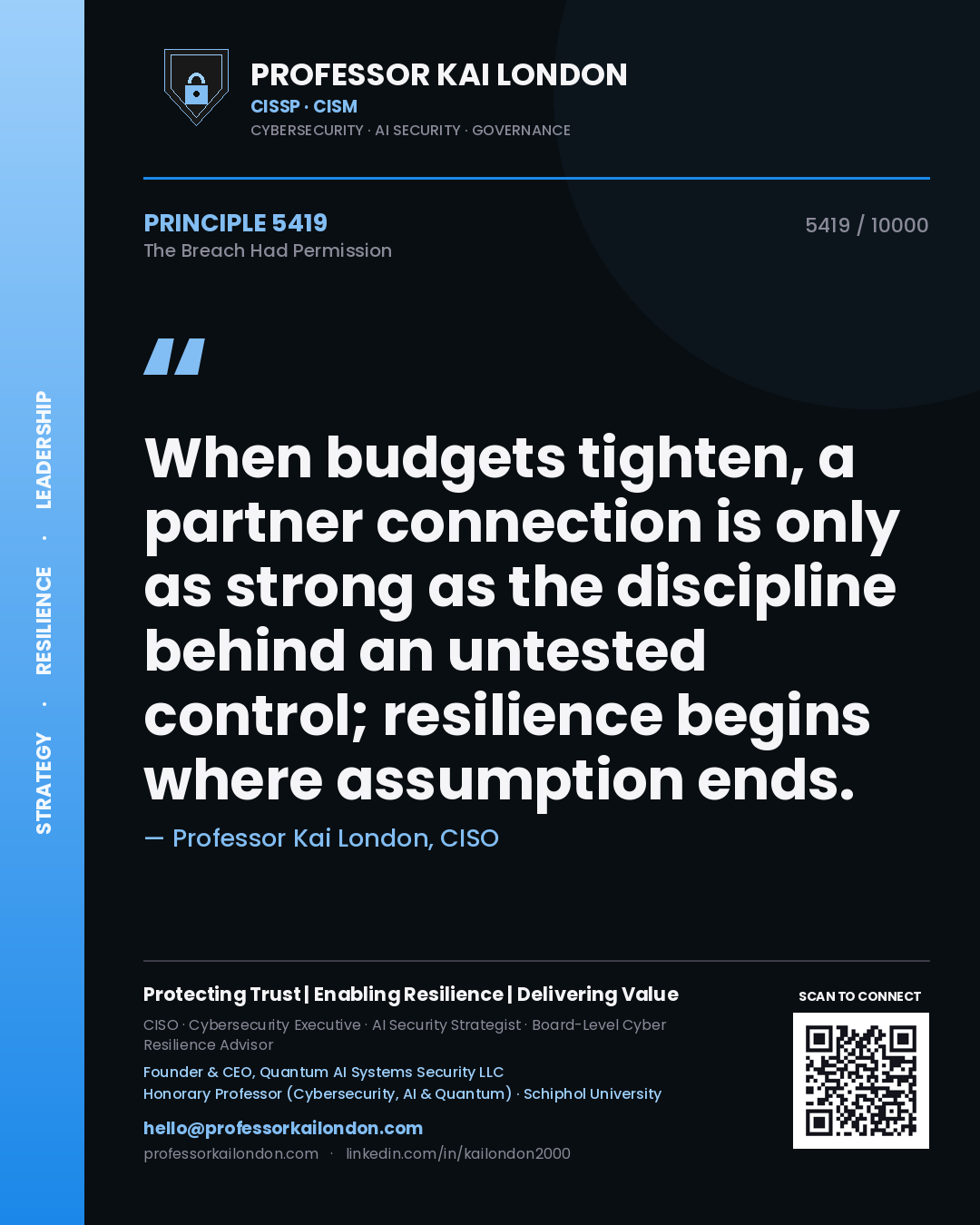 Professor Kai London principle 5419: When budgets tighten, a partner connection is only as strong as the discipline behind an untested control; resilience begins where assumption ends.