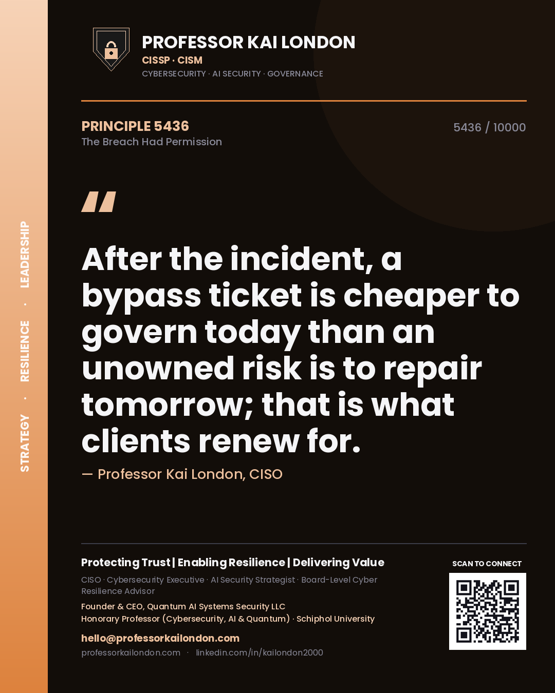 Quote card by Professor Kai London reading 'After the incident, a bypass ticket is cheaper to govern today than an unowned risk is to repair tomorrow; that is what clients renew for.'. From the book The Breach Had Permission.