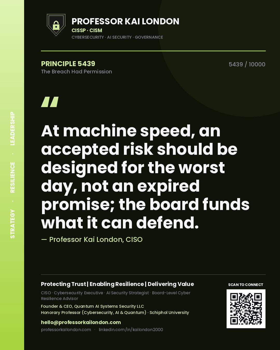 Professor Kai London principle 5439: At machine speed, an accepted risk should be designed for the worst day, not an expired promise; the board funds what it can defend.