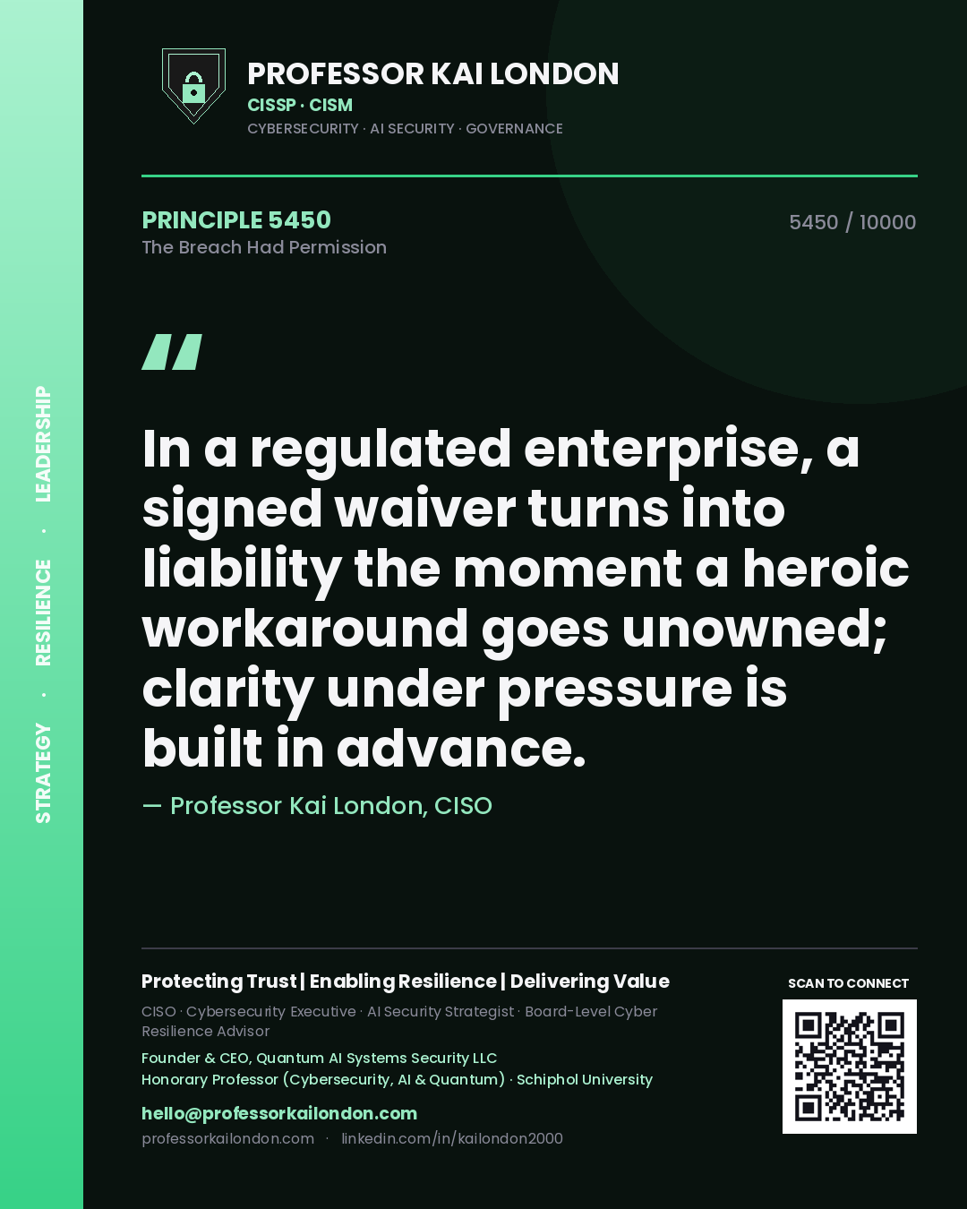 Professor Kai London principle 5450: In a regulated enterprise, a signed waiver turns into liability the moment a heroic workaround goes unowned; clarity under pressure is built in advance.