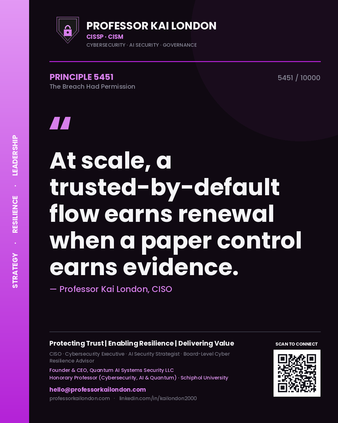Professor Kai London principle 5451: At scale, a trusted-by-default flow earns renewal when a paper control earns evidence.