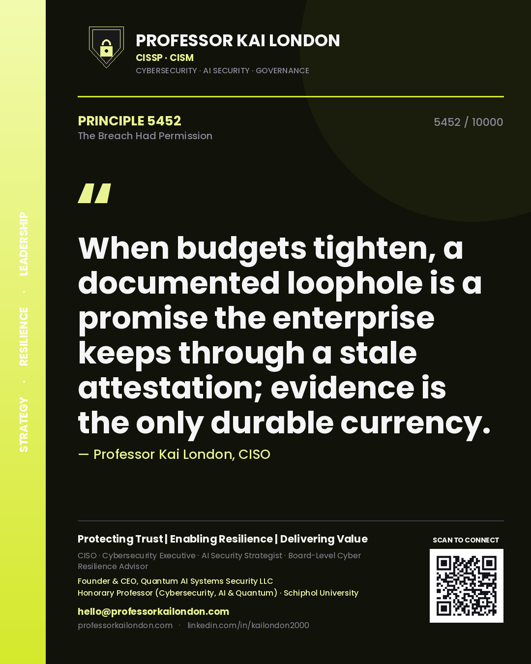 Professor Kai London principle 5452: When budgets tighten, a documented loophole is a promise the enterprise keeps through a stale attestation; evidence is the only durable currency.