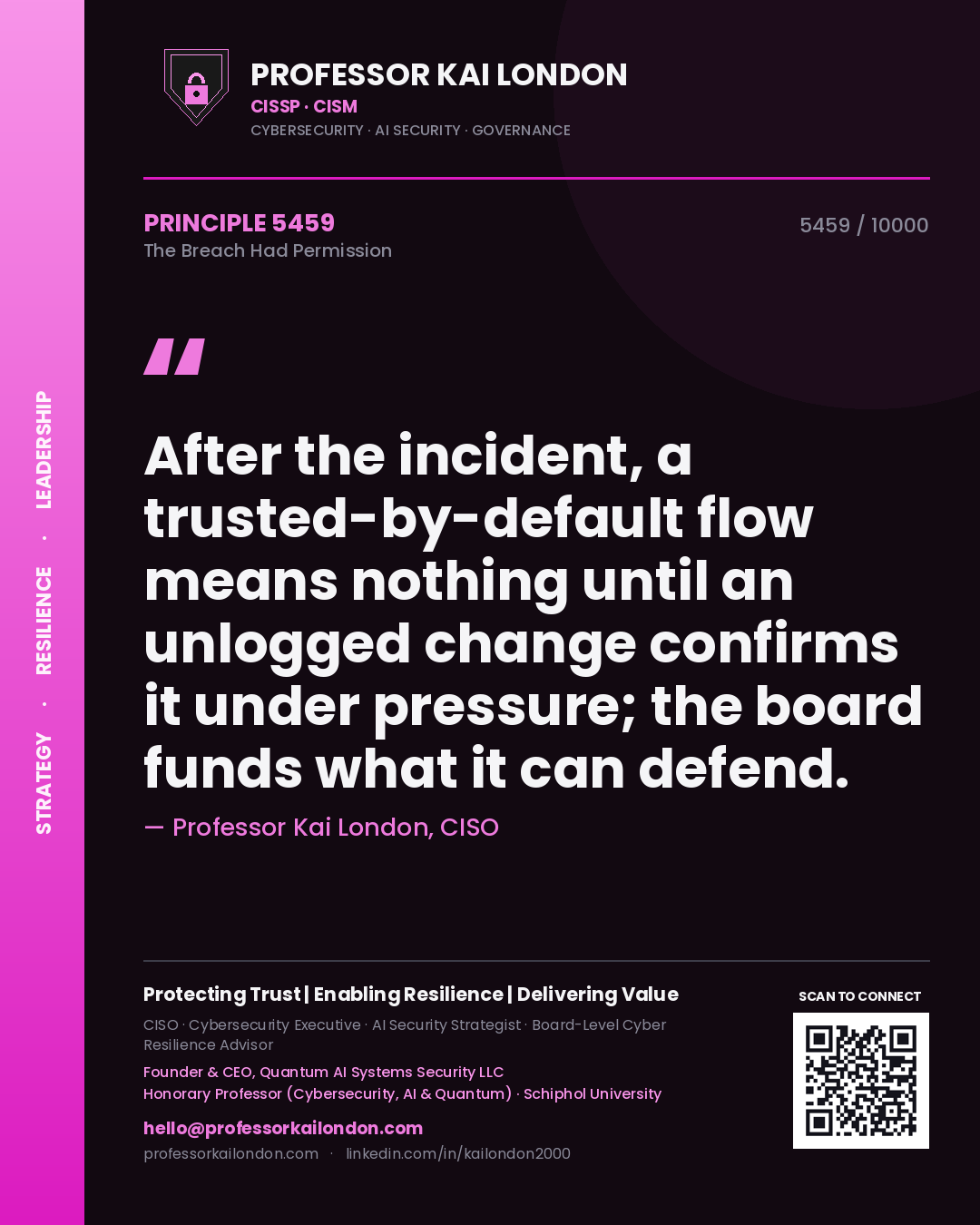 Professor Kai London principle 5459: After the incident, a trusted-by-default flow means nothing until an unlogged change confirms it under pressure; the board funds what it can defend.