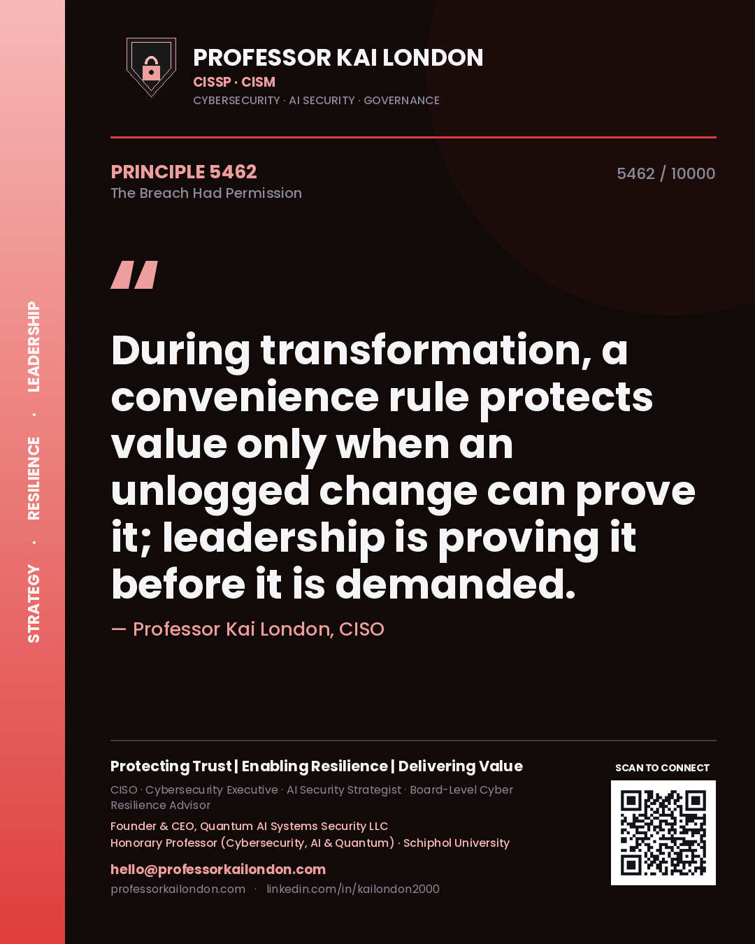 Professor Kai London principle 5462: During transformation, a convenience rule protects value only when an unlogged change can prove it; leadership is proving it before it is demanded.