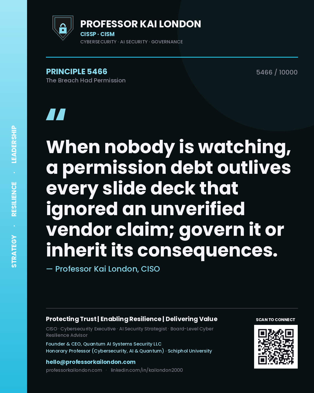 Quote card by Professor Kai London reading 'When nobody is watching, a permission debt outlives every slide deck that ignored an unverified vendor claim; govern it or inherit its consequences.'. From the book The Breach Had Permission.