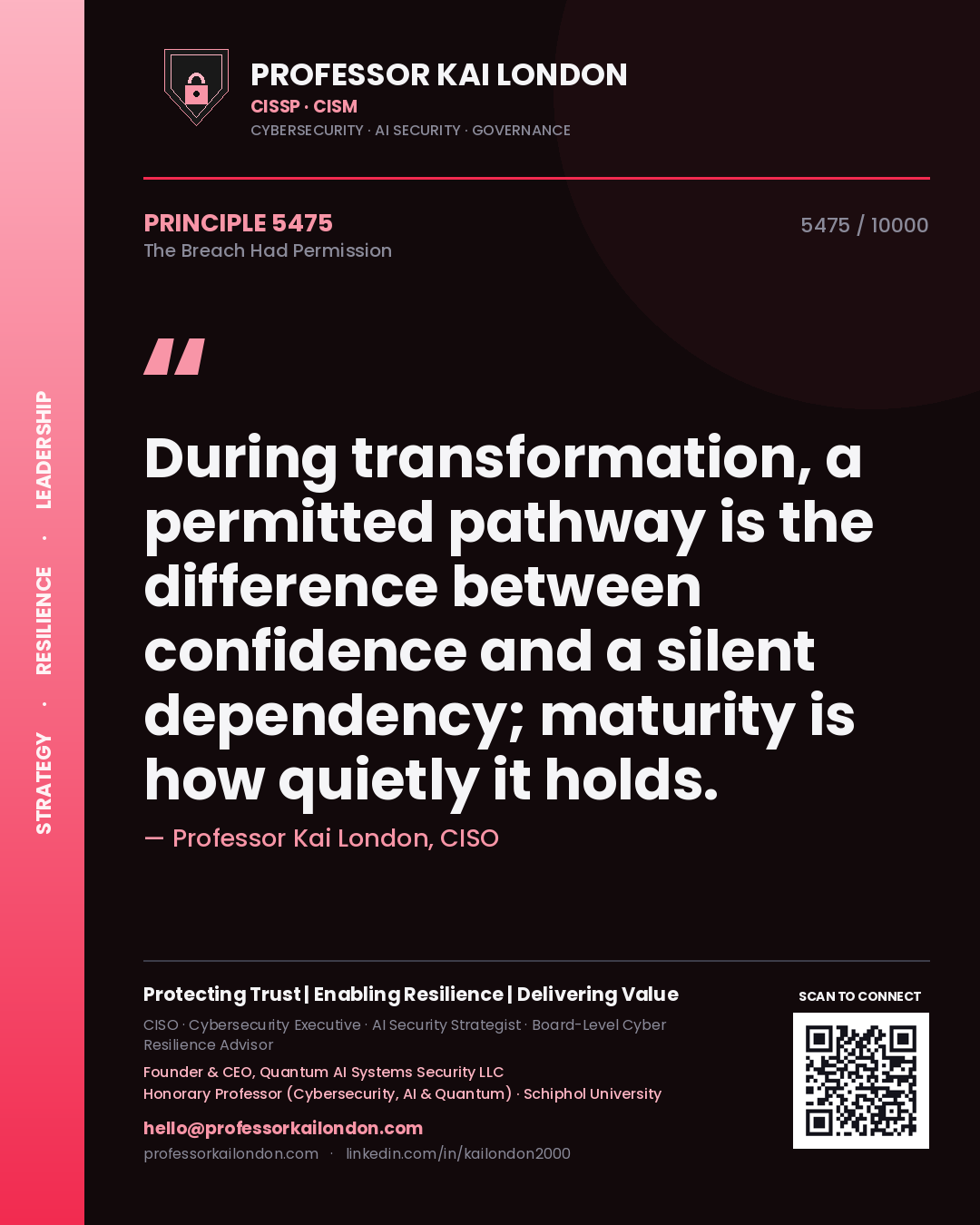 Professor Kai London principle 5475: During transformation, a permitted pathway is the difference between confidence and a silent dependency; maturity is how quietly it holds.