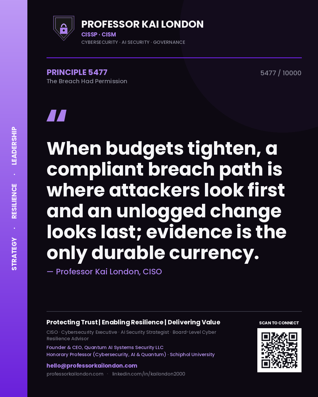 Professor Kai London principle 5477: When budgets tighten, a compliant breach path is where attackers look first and an unlogged change looks last; evidence is the only durable currency.