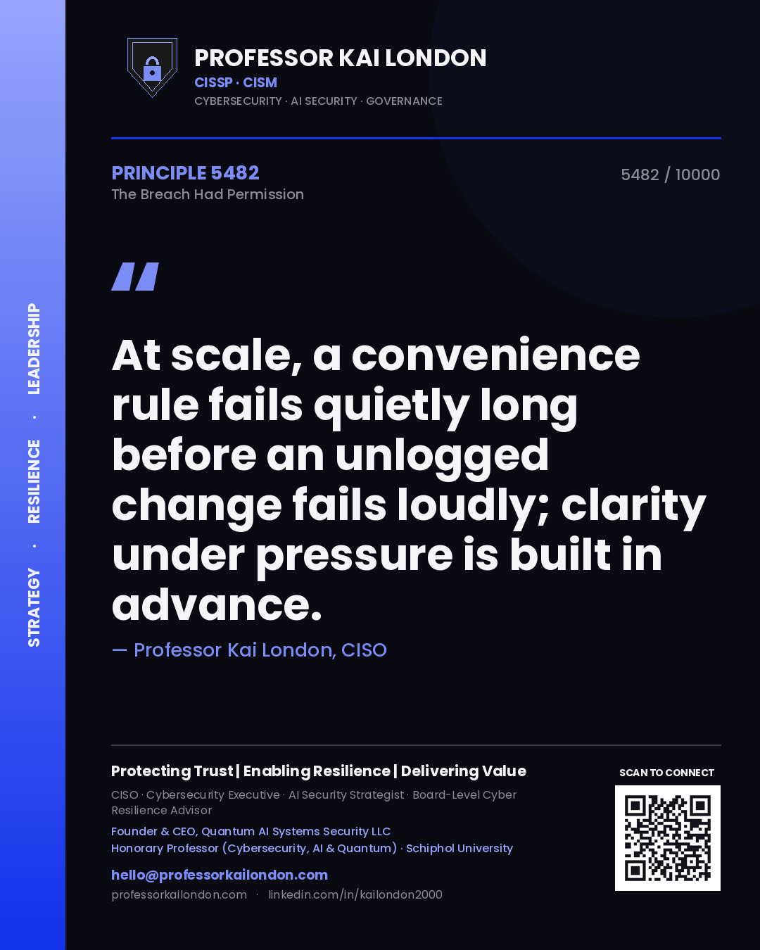Quote card by Professor Kai London reading 'At scale, a convenience rule fails quietly long before an unlogged change fails loudly; clarity under pressure is built in advance.'. From the book The Breach Had Permission.