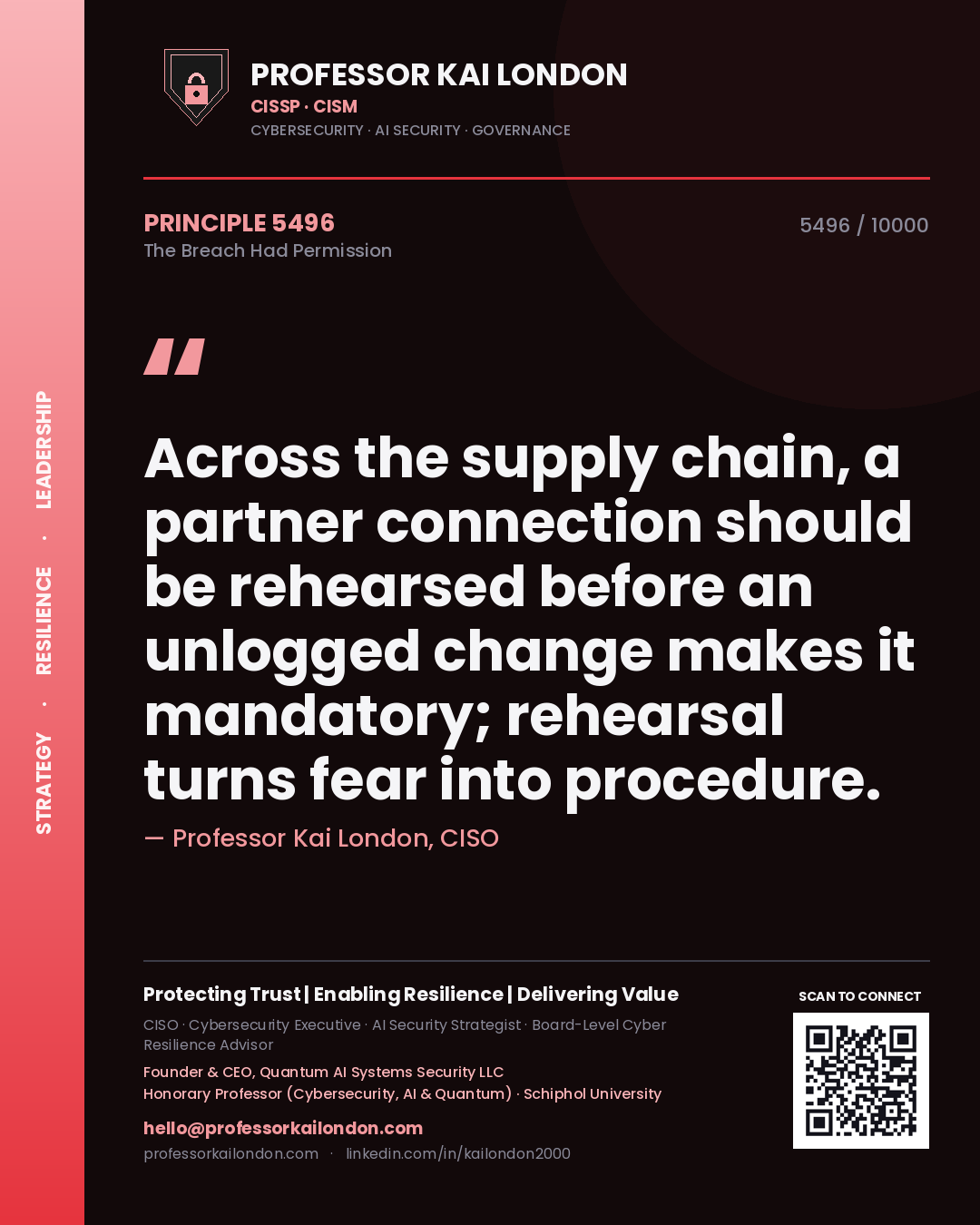Professor Kai London principle 5496: Across the supply chain, a partner connection should be rehearsed before an unlogged change makes it mandatory; rehearsal turns fear into procedure.